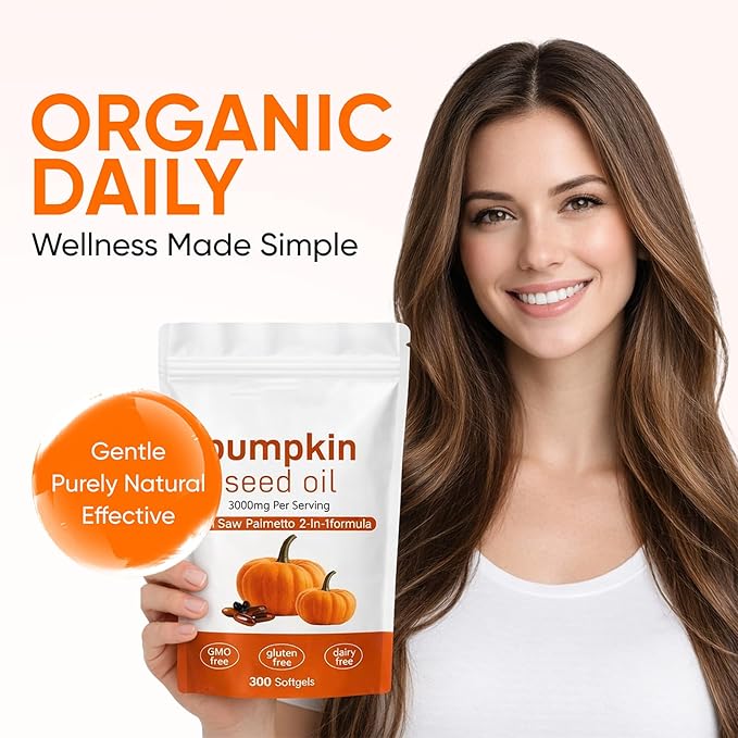 Pumpkin Seed Oil Capsules 2 in 1 Pumpkin Seed Oil with Saw Palmetto for Hair 3000mg Pure &amp Natural Supplement Supports Hair Heart Skin Supplement Non-GMO Gluten Free 300 Softgels (1)