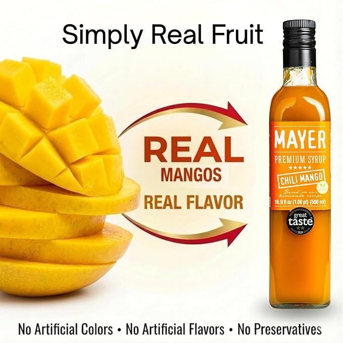 Mayer Premium Chili Mango Syrup – Award-Winning Organic Fruit Syrup Crafted with 100% Real Fruits All Natural Vegan Gluten-Free – Ideal for Cocktails Coffee Desserts Cocktails (16.9 oz)