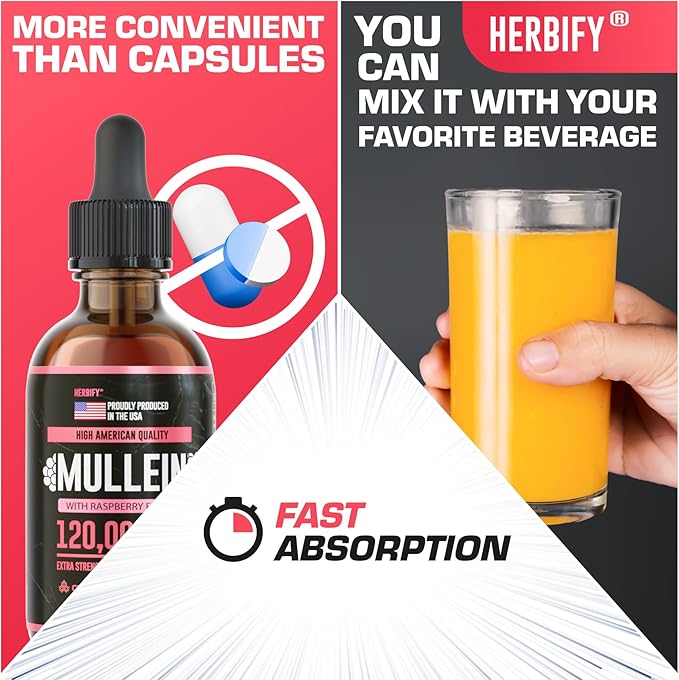 HERBIFY Mullein Drops - Lung Cleanse - Leaf Extract - Powerful Mullein for Immune Support Detox &amp Respiratory Support - Made in USA - 4 Oz Raspberry Flavor