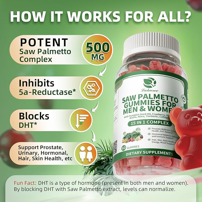 Lukaree Saw Palmetto for Men &amp Women 15 in 1 Saw Palmetto Extract Gummies with Pumpkin Seed Oil Prostate Health Supplements for Men Advanced DHT Blocker Hair &amp Urinary Health Support 60 C