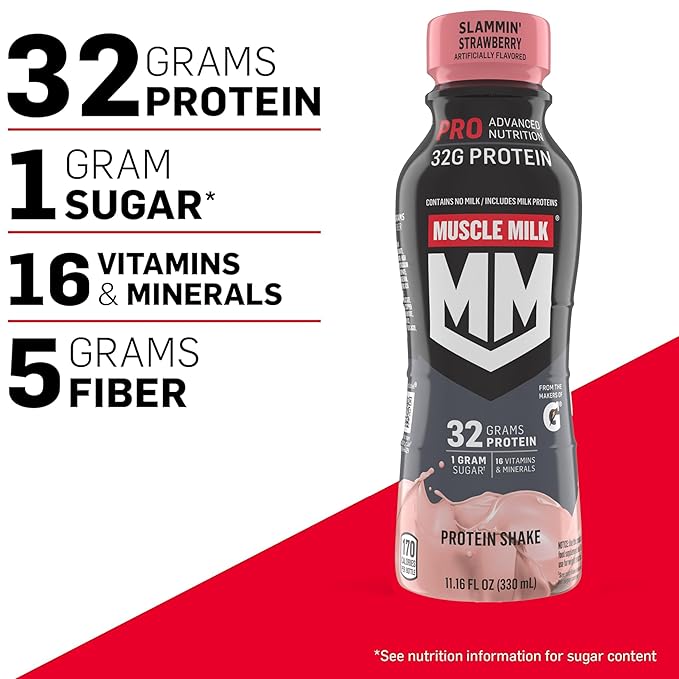 Muscle Milk Pro Advanced Nutrition Protein Shake Slammin' Strawberry 11.16 Fl Oz 32g Protein 1g Sugar 16 Vitamins &amp Minerals 5g Fiber Bottled Liquid Gluten Free (Pack of 24)