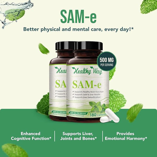 500mg SAM-e Supplement - High Strength 500mg S-Adenosyl-L-Methionine Capsules for Brain Liver and Mood Support - Non-GMO High Absorption Same Supplement (360 Servings)