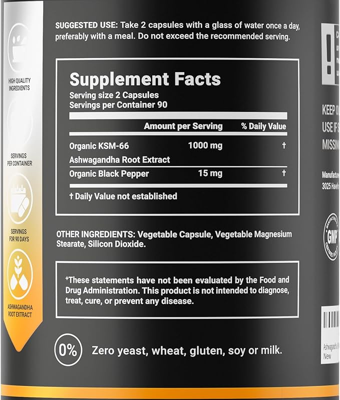 Organic Ashwagandha KSM-66 1000 mg Supplement | Adaptogen for Cortisol Support &amp Stress Relief | Mood Calm &amp Sleep Aid for Men &amp Women | Ashwagandha ritual vitamins for women | 180 Vegan