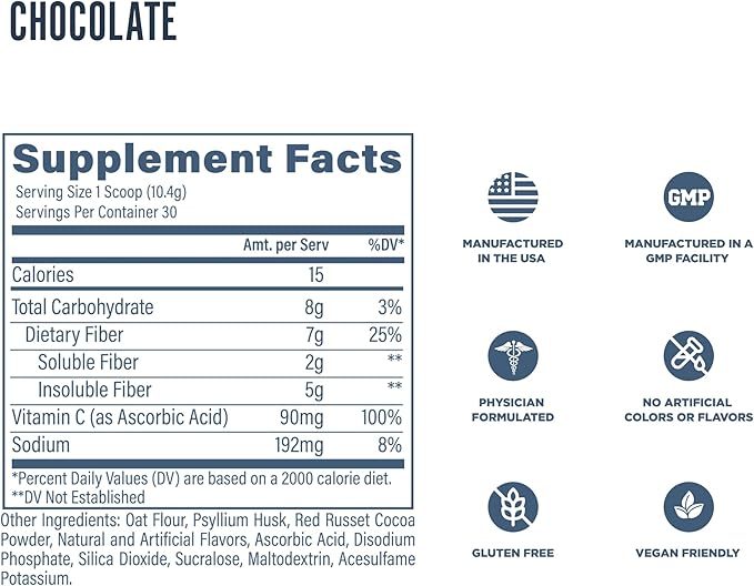 Revive MD Fiber Supplement for Digestive &amp Gut Health - 5g of Dietary Fiber Supports a Healthy Digestive System with Psyllium Husk &amp More - (Chocolate 30 Servings)