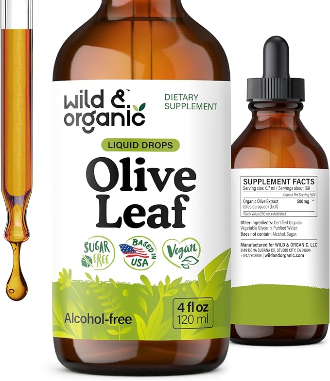 Wild &amp Organic Olive Leaf Extract Liquid Drops - Immune &amp Antioxidant Support - Oleuropein Supplement - Add to Tea Olive Leaf Tincture - Vegan Sugar &amp Alcohol Free - 4 fl oz