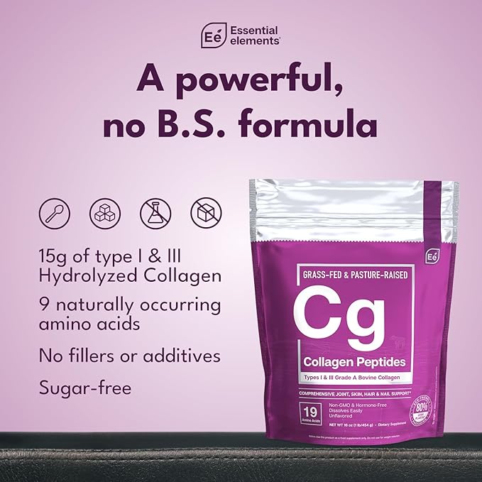 Essential Elements Hydrolyzed Collagen Peptides Powder for Men &amp Women - Joint Skin Hair &amp Nail Support - 15 Grams of Type I &amp III Grass-Fed Bovine Collagen - 30 Servings