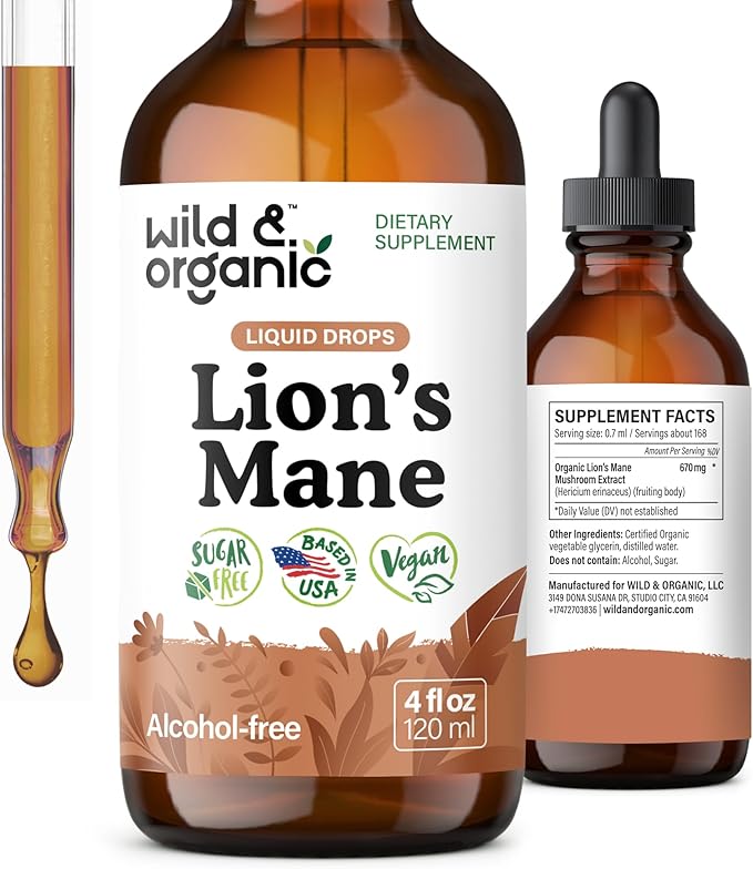 Wild &amp Organic Lions Mane Liquid Drops - Brain &amp Focus Support - 84-Day Supply - Lion's Mane Mushroom Supplement - Hericium Erinaceus Mushroom Drops - Sugar &amp Alcohol-Free Extract Tincture