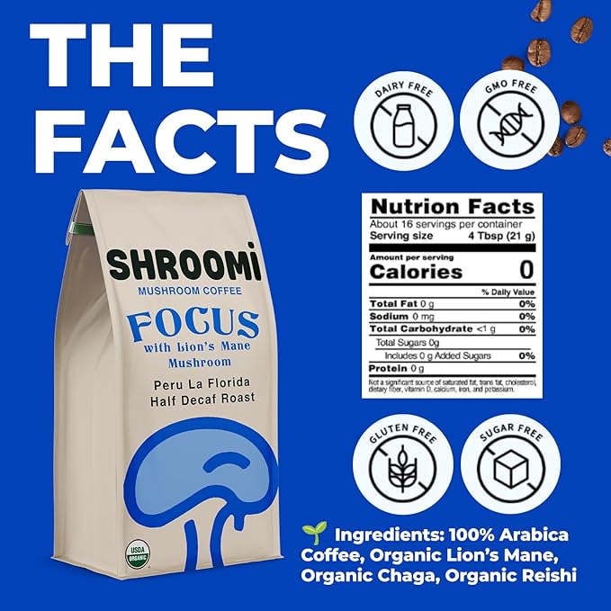 Shroomi Award-Winning Mushroom Focus Coffee - 16000mg Lions Mane Blend | Organic Brain Coffee Ground with Reishi and Chaga | Mental Clarity and Calm Energy | Half Decaf Blend for Calm Evenings and St