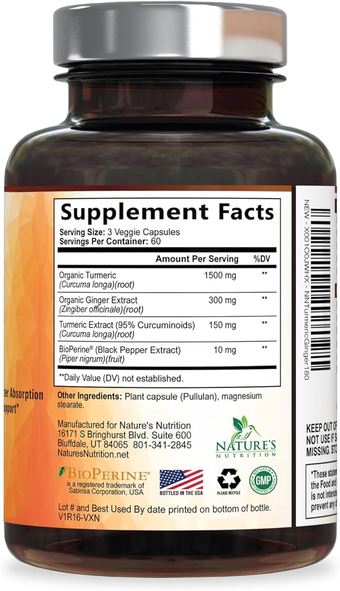 Turmeric Curcumin Supplement - 95% Curcuminoids with Organic Turmeric &amp Ginger BioPerine Black Pepper Extract for Best Absorption Natural Vegan Joint Support Non-GMO Bottled in USA - 180 Capsu