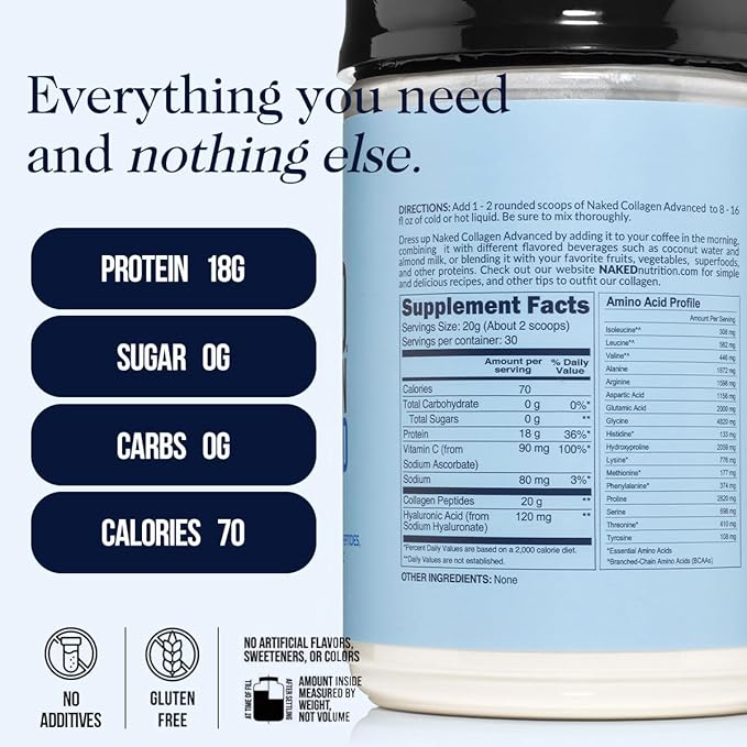 NAKED Collagen Advanced - Peptides Protein Powder Hyaluronic Acid Vitamin C Pasture-Raised Grass-Fed Hydrolyzed Collagen Supplement Paleo Friendly Non-GMO Keto Gluten Free 1.3LB