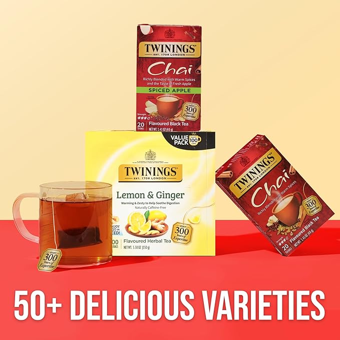 Twinings Spiced Apple Chai Black Tea Individually Wrapped Bags 20 Count (Pack of 6) Sweet Savoury Spices Caffeinated Enjoy Hot or Iced 120 Teabags