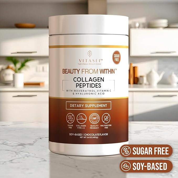 Hydrolyzed Collagen Peptides Powder with Vitamin C Resveratrol &amp Stevia – Hair Skin &amp Nails Vitamins for Women &amp Men – Sugar Free Chocolate Flavored – 16 oz
