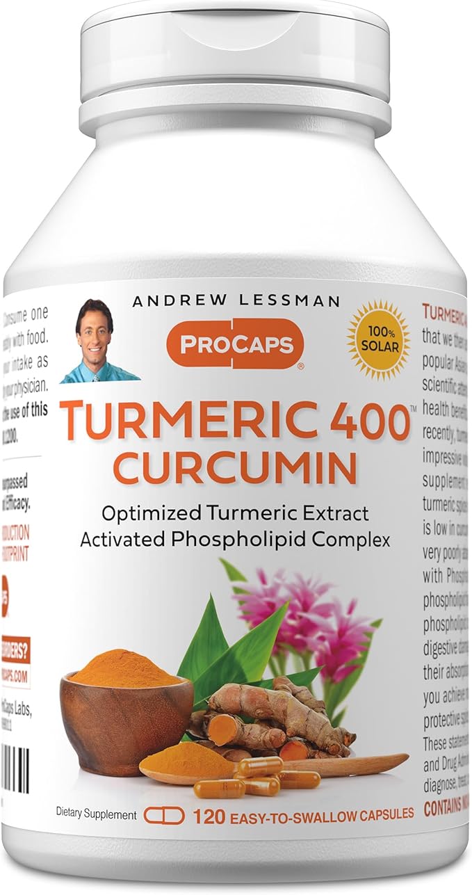 ANDREW LESSMAN Turmeric 400mg - 120 Capsules - 95% Curcuminoids as Phospholipid Complex for Optimum Benefits and Absorption High Potency Standardized Extract Small Easy to Swallow Capsules