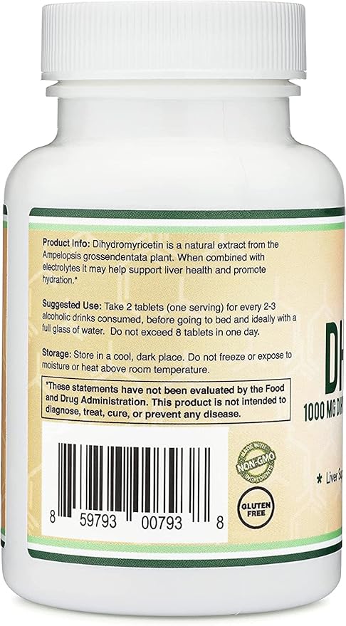 DHM1000 Dihydromyricetin (DHM) Tablets - Most Powerful DHM Supplement on The Market - 1000mg (30 Count) Enhanced with Electrolytes for Hydration and Liver Support by Double Wood (Pack of 2)