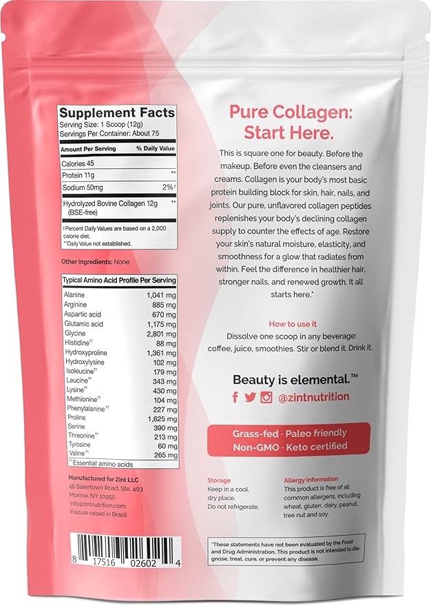 Zint Collagen Peptides Powder (32 oz) | Grass-Fed Hydrolyzed Type I &amp III | Supports Skin Hair Joints &amp Gut Health | Rich in Key Amino Acids | Paleo-Friendly Keto Non-GMO Unflavored