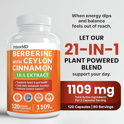 21-in-1 Berberine Supplement with Ceylon Cinnamon with Chromium Bitter Melon and Green Tea Extract and Black Pepper Extract 5X for Energy &amp Metabolism Support with 5279 mg (120 ct Pack of 1)