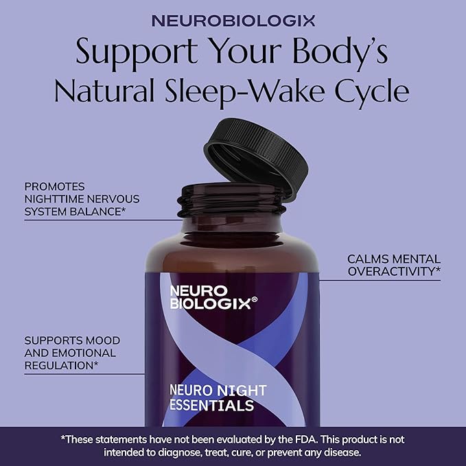 Neurobiologix Neuro Night Essentials Calming Nighttime Formula with GABA L-Theanine Valerian Root &amp Magnesium Supports Relaxation Emotional Balance &amp Wind-Down Routine 60 Vegetarian Capsule