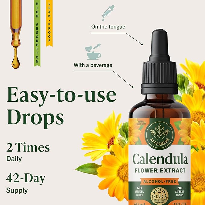 HERBAMAMA Calendula Tincture - Vegan Antioxidant &amp Detox Support with Calendula Extract Drops - Non-GMO Alcohol &amp Sugar-Free Liquid Supplement 42-Day Supply