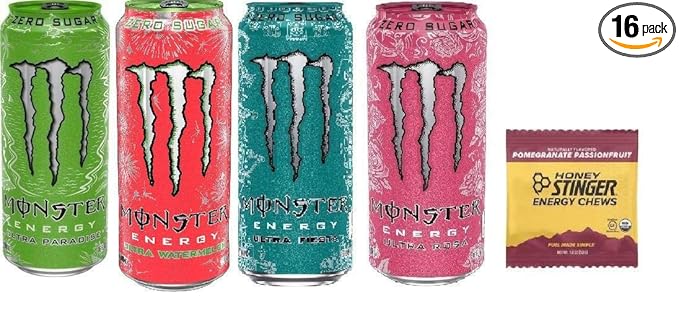 Monster Energy Drink Zero Ultra Variety - Paradise Watermelon Rosa Fiesta 16 ounce (Pack of 16) and Stinger Pomegranate Passionfruit Chews