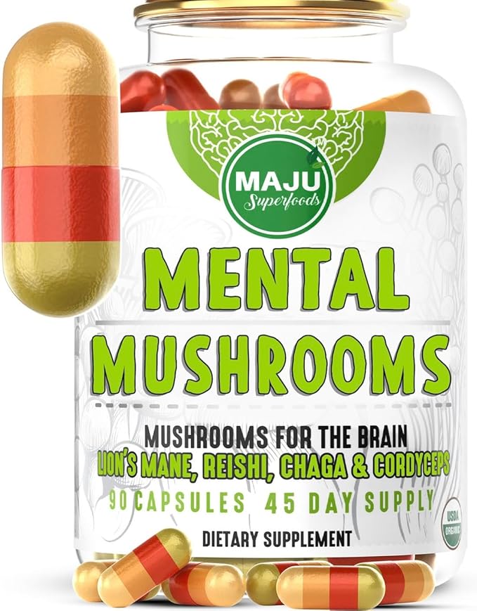 MENTAL Mushroom Capsules Organic Extract Supplement w/ Lion's Mane Cordyceps Reishi and Chaga Boost Your Focus Energy Wellness and Immune System - Nootropic Mushrooms Immune Support 90ct