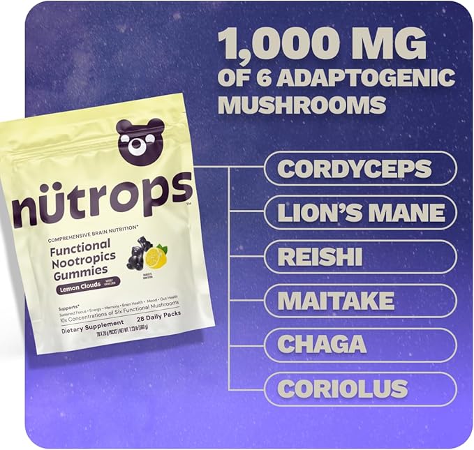 Nutrops Lions Mane Mushroom Gummies for adults Functional Nootropics Herbal Brain Supplement for Energy Brain Health Cognitive Memory &amp Focus Reishi Chaga Cordyceps Coriolus 28 daily Pac