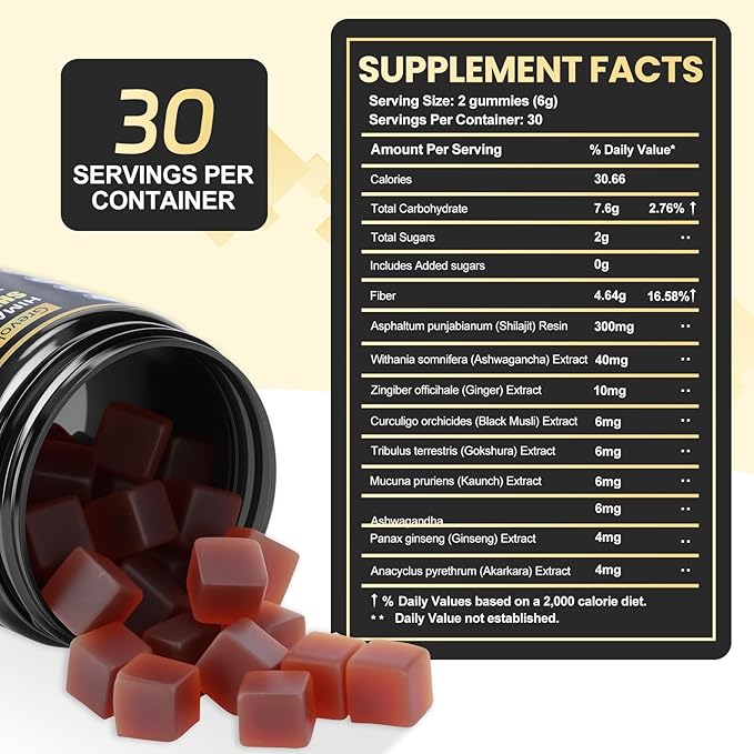 Himalayan Shilajit Gummies with Ashwagandha - Fulvic Acid &amp 85+ Trace Minerals - No Added Sugar - Shilajit for Men &amp Women - 60 Gummy
