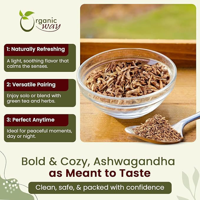 Organic Way Ashwagandha Root Cut &amp Sifted (Withania somnifera) - Organic &amp Kosher Certified | Vegan Non GMO &amp Gluten Free | USDA Certified | Origin - India (1LBS / 16Oz.)