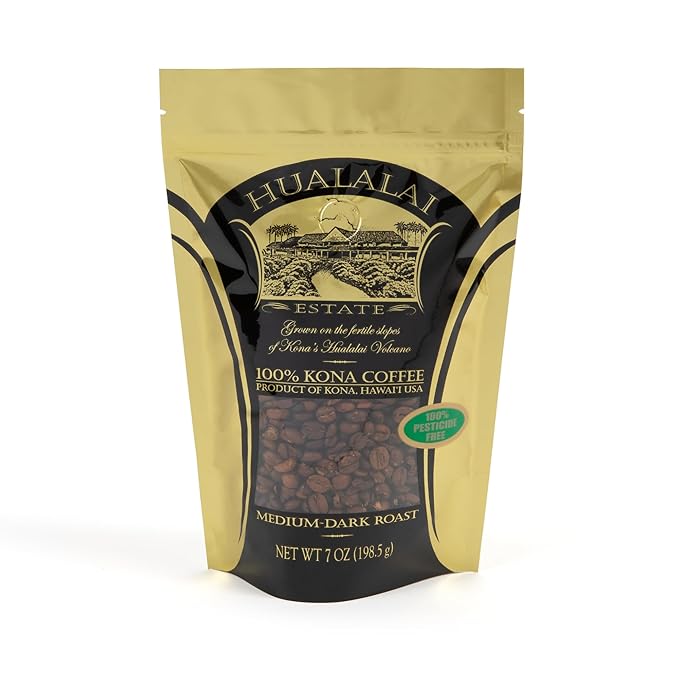 Hualalai Estate Whole Bean 100% Kona Coffee - Medium Dark Roasted Hawaiian Grown Beans - Pesticide-Free Gourmet Grade Premium Coffee (7 oz)