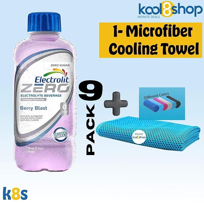 Electrolit Zero Berry Blast Hydration Drink with Electrolytes 21 fl oz Plastic Bottle 9 Pack + 1 Microfiber Cooling Towel by KOOL8SHOP Infinite Deals