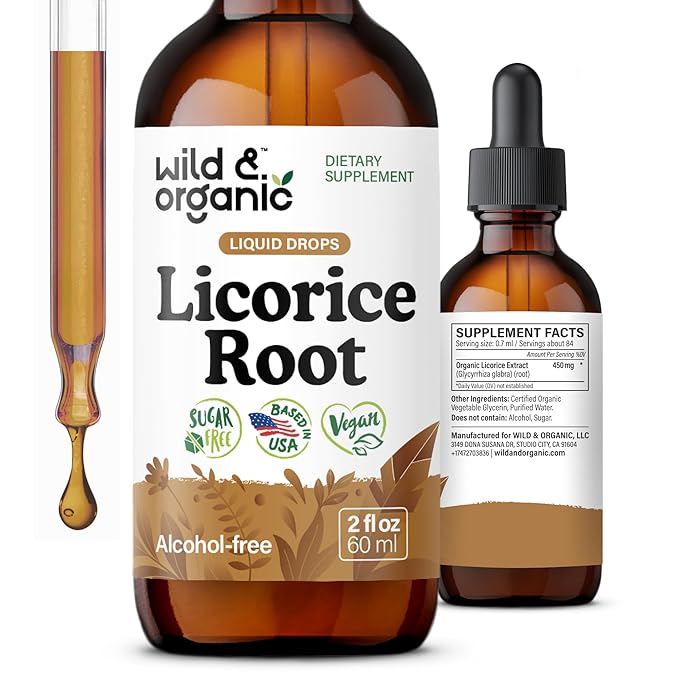 Wild &amp Organic Licorice Tincture - Digestive Support - Pure Licorice Root Extract Drops - Glycyrrhiza Glabra - Vegan Sugar &amp Alcohol-Free Supplement - 2 fl oz