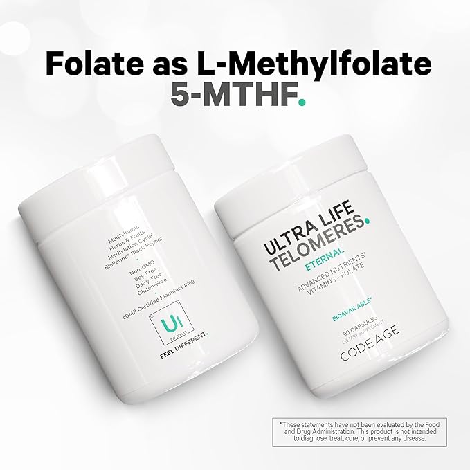 Codeage Ultra Life Telomeres Supplement - 5 MTHF Folate Vitamin B9 Vitamin B12 Methylcobalamin Vitamin D3 L-Theanine Ashwagandha - 3-Month Supply - DNA Methylation Cycle - Non-GMO - 90 Capsules