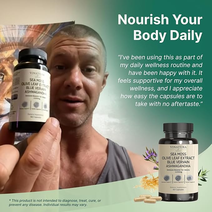 VINATURA Organic Sea Moss Blue Vervain - with Black Seed Oil Ashwagandha Ginger Burdock Root Capsules - 1250mg per Serving *USA Made &ampTested* Immune Booster for Adults