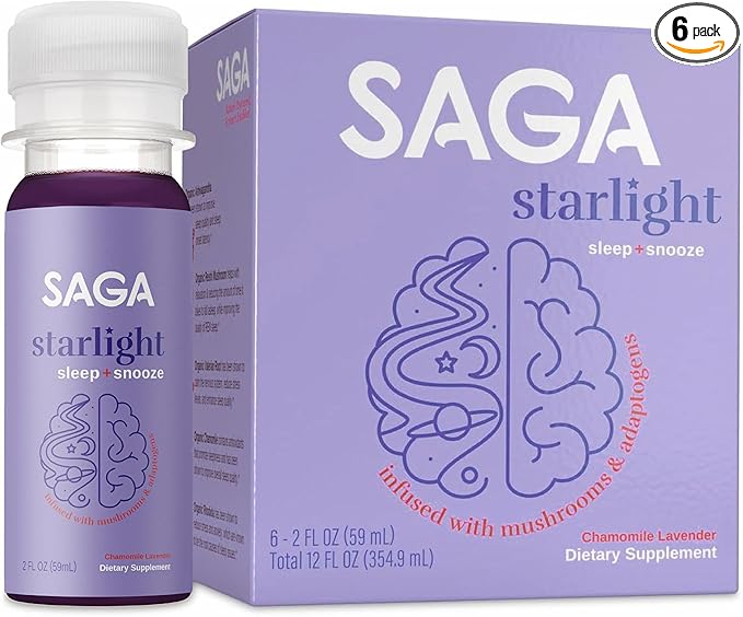 SAGA Starlight Organic Sleep Shots – Natural Sleep Aid with Melatonin Reishi Valerian Root Ashwagandha Chamomile – Sugar-Free Vegan Zero Calories Plant-Based Sleep Support Travel Size (2 Oz)