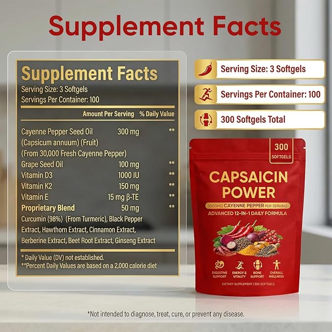 Capsaicin Power - Cayenne Pepper Softgels Capsaicin Supplements with Vitamin E D3 &amp K2 Grape Seed Beetroot &amp Turmeric Extract 300 Soft gels