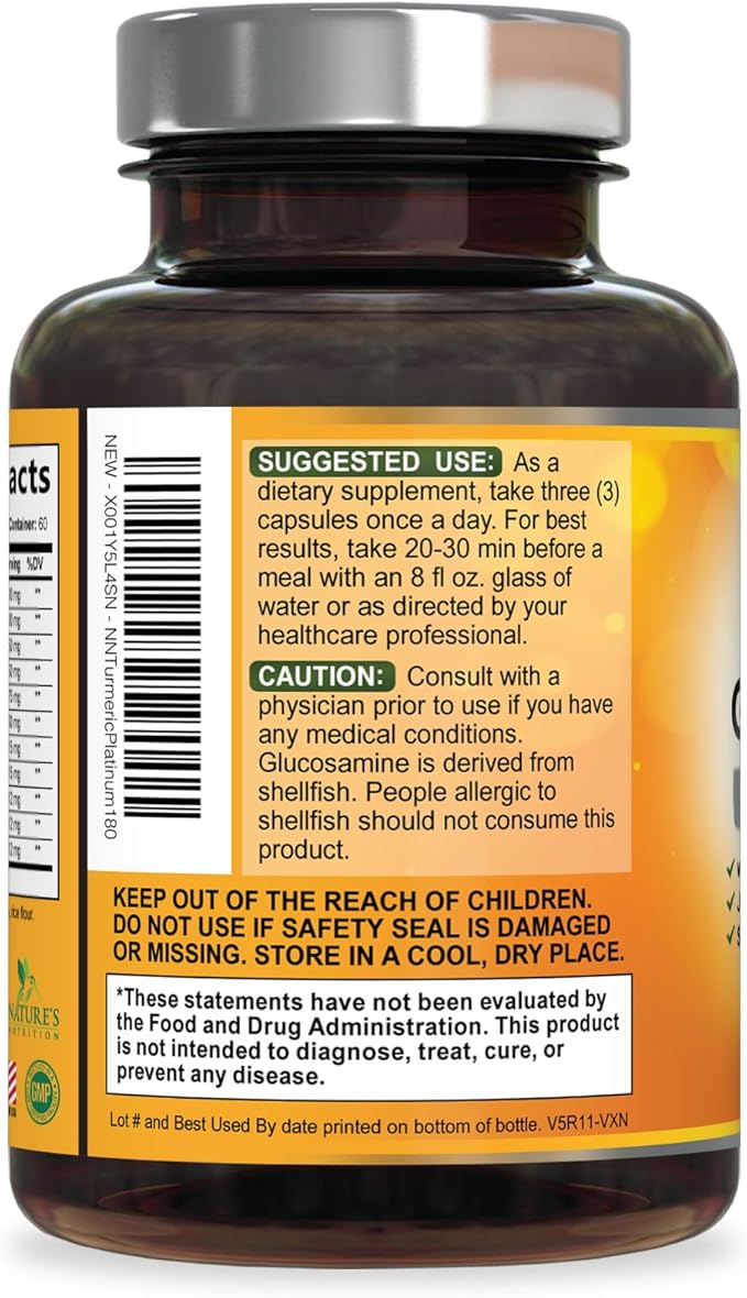 Turmeric Curcumin Supplement - 95% Curcuminoids with Glucosamine Ginger &amp MSM BioPerine Black Pepper Extract for Best Absorption Natural Vegan Joint Support Non-GMO Bottled in USA - 180 Capsu