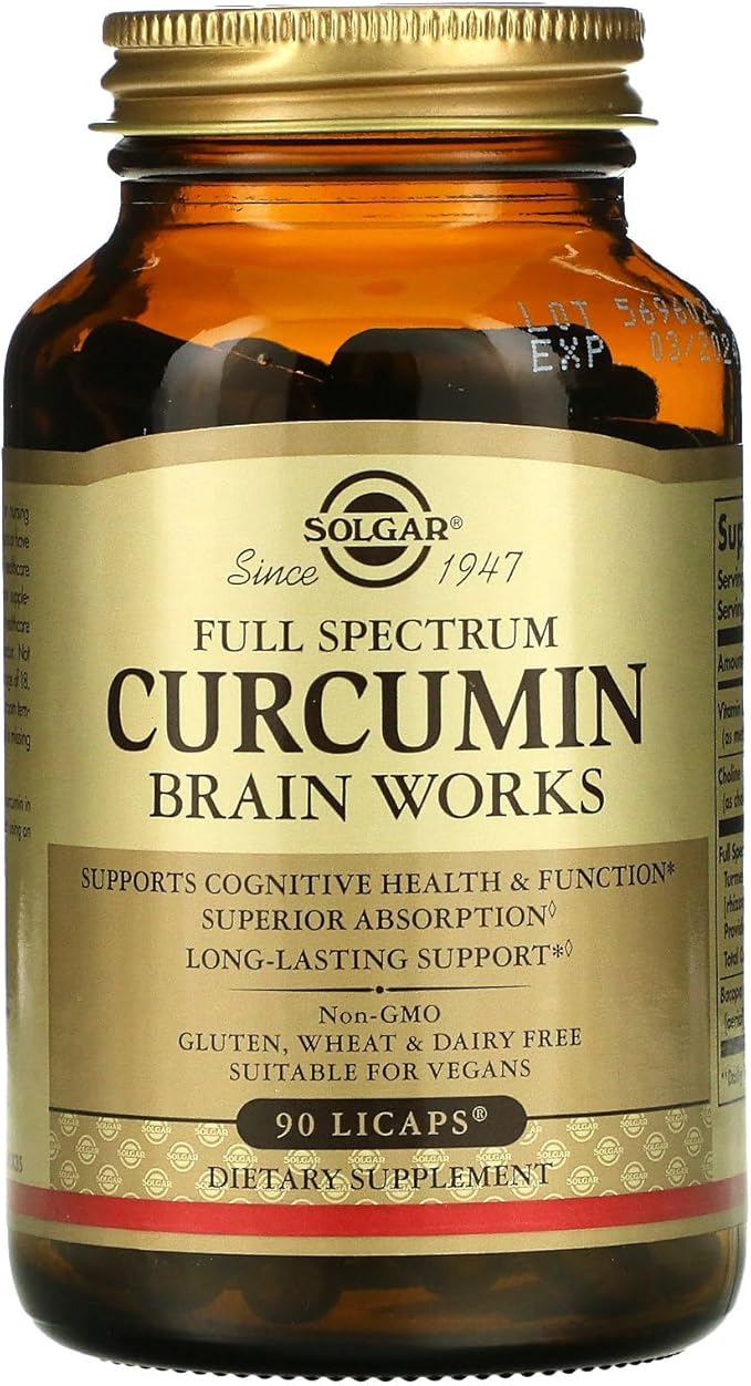Solgar Full Spectrum Curcumin Brain Works 90 Licaps - Support Memory Recall Focus Cognitive Function - Antioxidant Support - Curcumin BacoMind Choline Vitamin B12 - Non-GMO Vegan - 30 Servings