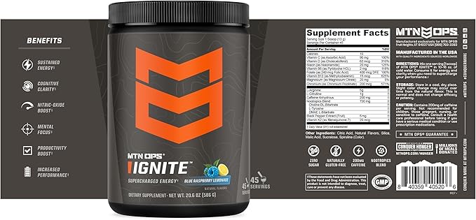 MTN OPS Ignite Sugar Free Energy Drink Powder with 200mg Caffeine Nootropic Blend for Energy Focus &amp Endurance L Arginine &amp L Citrulline Pre Workout 45 Servings Blue Raspberry