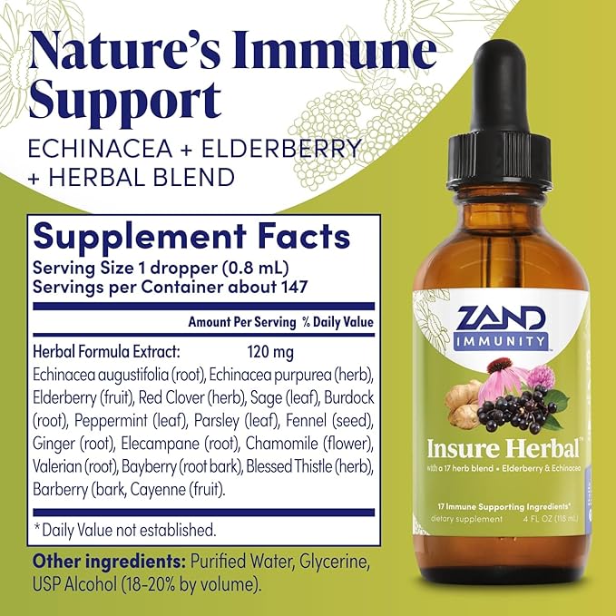 ZAND HERBALS Insure Herbal Liquid Blend - 17 Wellness Ingredients - w/Echinacea Elderberry Ginger Sage Peppermint and More - Gluten Free Vegan Non-GMO 60-Day Guarantee 147 Servings 4 FL OZ