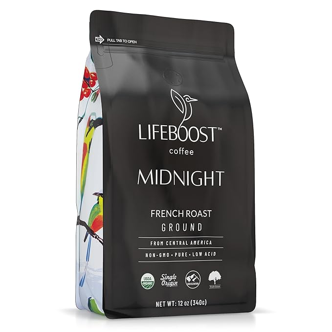 Lifeboost Midnight French Roast Coffee Ground - Non-GMO Single Origin USDA Organic Low Acid Coffee French Roast - Third Party Tested For Mycotoxins &amp Pesticides - 12 Ounces