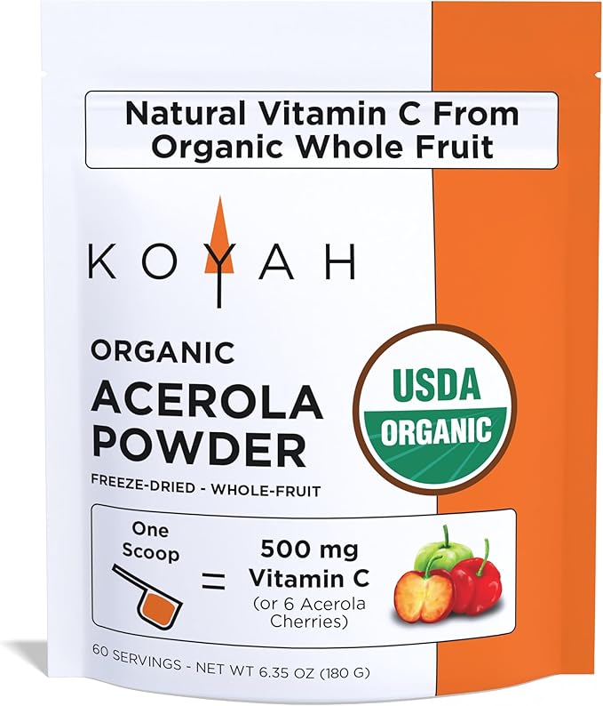 KOYAH - Organic Acerola Powder: Freeze-Dried 100% Pure 500 mg Natural Vitamin C per Scoop Whole-Food Non-GMO Vegan 60 Servings Made from acerola Cherries Grown in Brazil