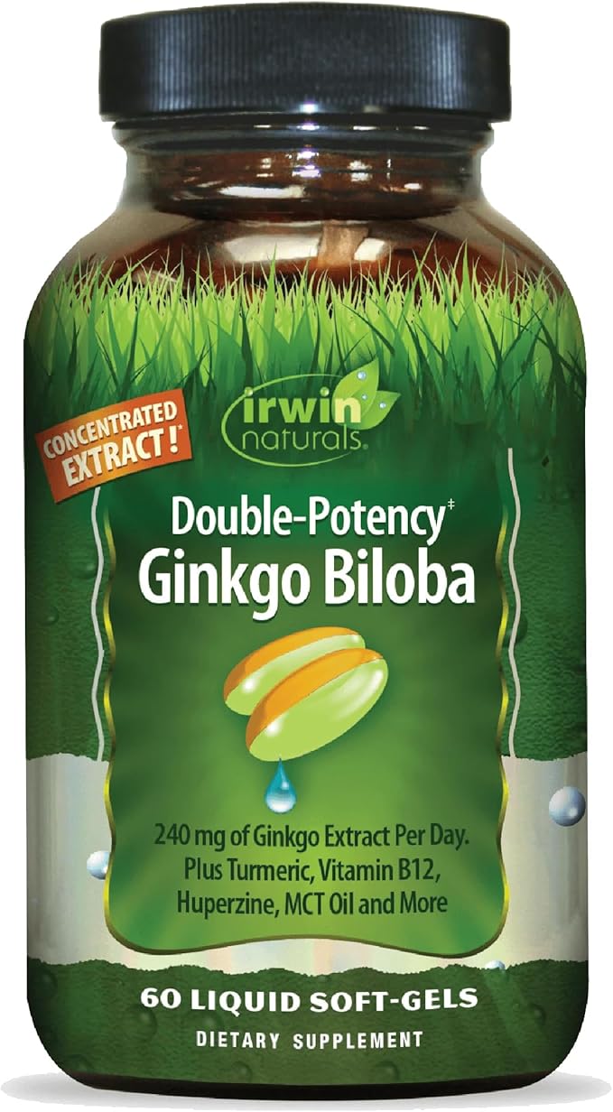 Irwin Naturals Double-Potency Ginkgo Biloba 240mg Extra Strength Brain Health Supplement - Enhance Memory Mental Focus Alertness Concentration &amp Herbal Energy Booster - 60 Liquid Softgels