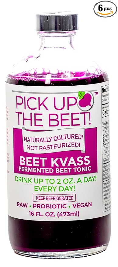 Pick Up The Beet Organic Beet Juice Kvass with Live Probiotics Vegan - Natural Nitric Oxide Boost Fermented Beet Tonic Sugar Cravings Support 16 Ounces 6 Bottles