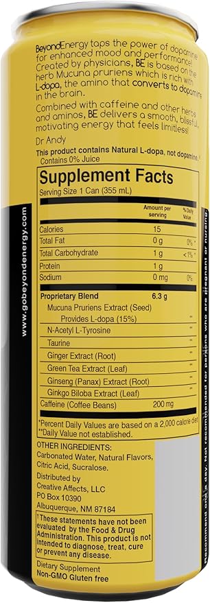 Variety Pack - Herbal Energy Drink with Naturally Sourced L-Dopa Amino Acids &amp Antioxidants 200mg Caffeine - Assorted Flavors 36 Cans (Dark Berry Mango Blood Orange)