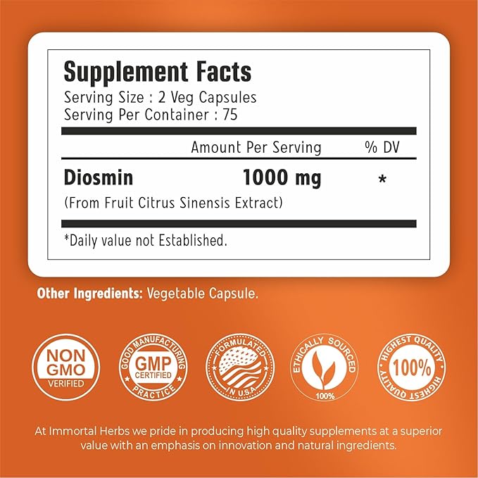 Pure Diosmin 1000mg Complex Formula 150 Capsules Citrus Bioflavonoids Rich Fruit Extract 100% Vegetarian Non-GMO &amp Gluten Free Diosmin Supplement