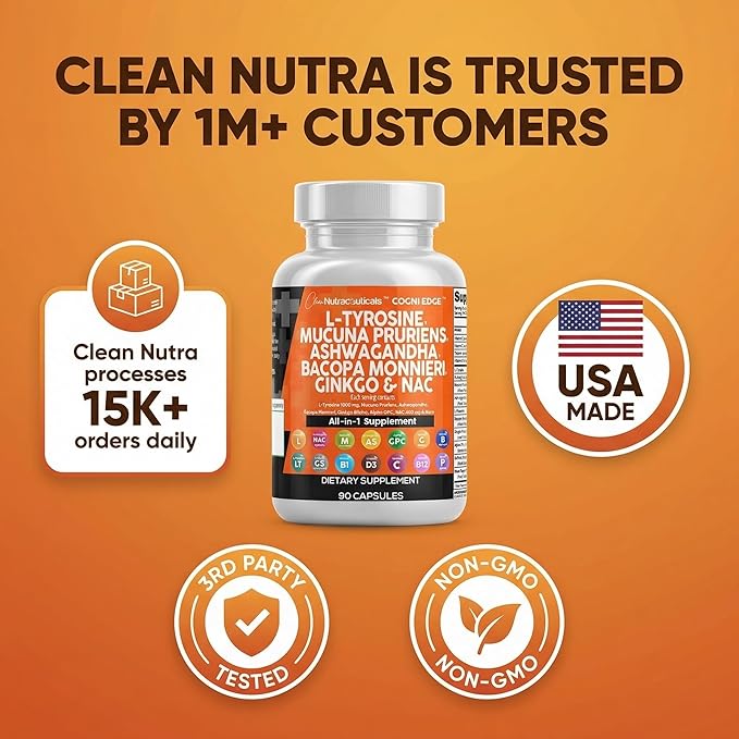 Clean Nutraceuticals L Tyrosine Mucuna Pruriens Bacopa Monnieri Ashwagandha Focus Supplement w/N-Acetyl Cysteine NAC 5-HTP Ginkgo Biloba Alpha GPC Vitamin C D B1 B12