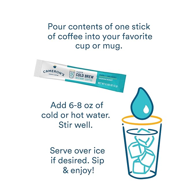 Cameron's Coffee Classic Cold Brew Instant Single Serve Sticks Medium Roast  100% Arabica  128 Count