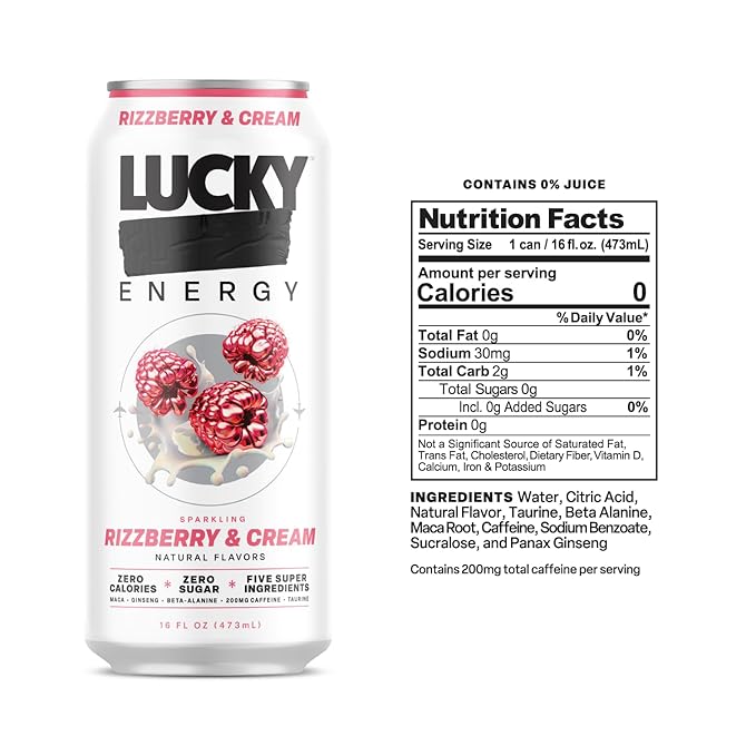 Lucky Energy Sugar Free Energy Drinks Rizzberry and Cream 16oz Cans (12-Pack) Healthy Zero Sugar Energy Drink with Maca Ginseng Beta-Alanine Taurine &amp 200mg Caffeine