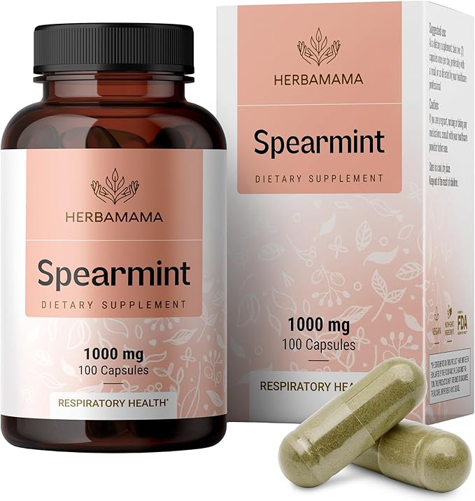HERBAMAMA Spearmint Leaf Capsules - 1000mg Spearmint Leaves for Gut Cleanse &amp Digestive Support - Vegan Non-GMO Mentha Spicata Supplement