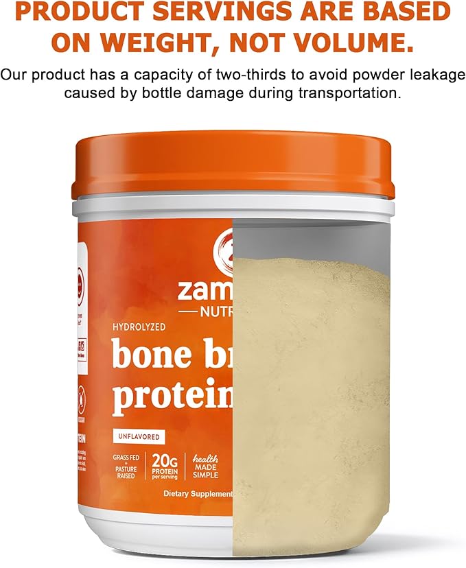 Zammex Pure Grass Fed Beef Bone Broth Protein Powder 20g Protein Hydrolyzed Collagen Supplement for Healthy Skin Nails Hair Joints Non-GMO Gluten Free Paleo &amp Keto Friendly Great in Soup