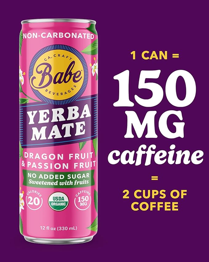 Babe Organic Yerba Mate Energy Drinks | NO SUGAR ADDED with 150mg Plant-Based Caffeine | Natural Yerba Mate Tea with No Crash No Jitters - Peach Mango &amp Passion Dragon (6 x 12oz Cans)